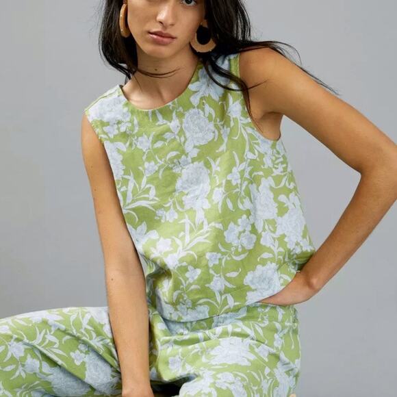 Anthropologie Maeve Green Floral London Sleeveless Blouse Sz L - Picture 4 of 12